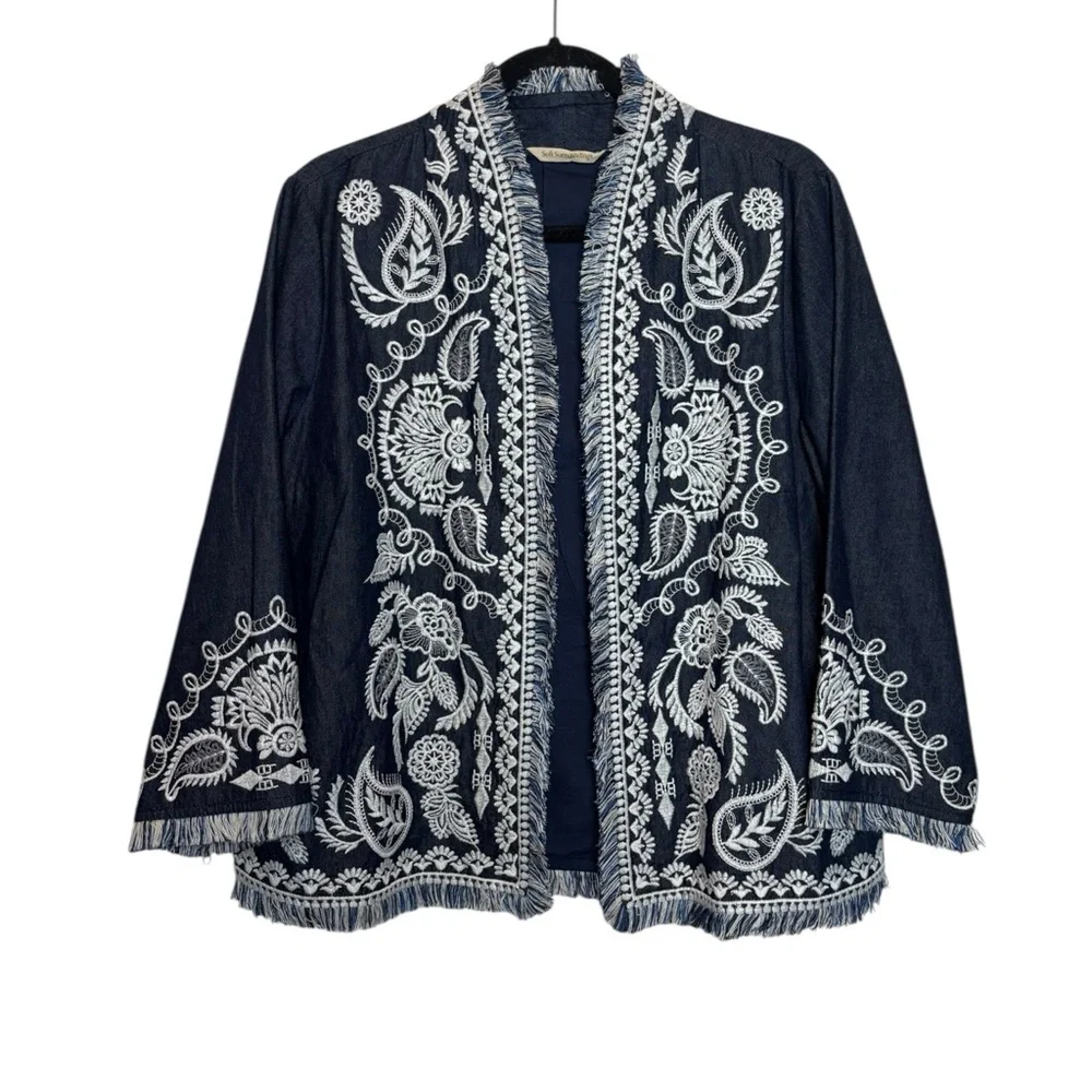Soft Surroundings Mesaria Jacket Embroidered‎ Dark Denim Open Front Large 2GN81